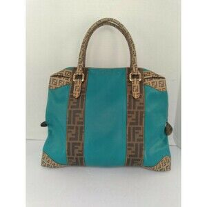 Fendi Monogram Turquoise Leather Tote Bag with FF Pattern Trim Designer Handbag‎